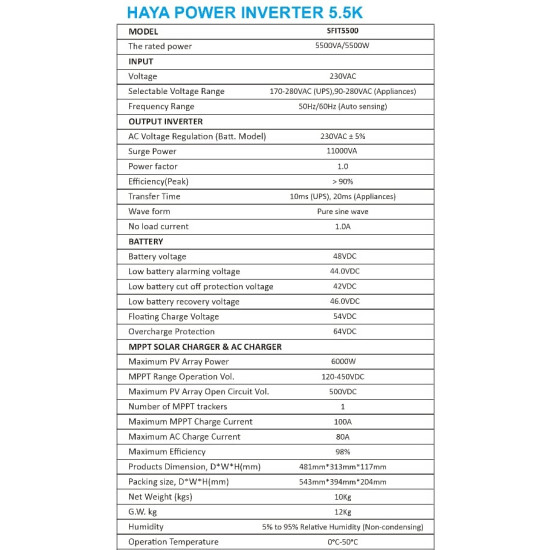 Solar Inverter - HAYA POWER 5.5kW 48V